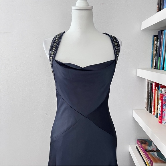 BCBG Deep Blue Draped Beaded A-line Formal Gown size 6 - Picture 2 of 16